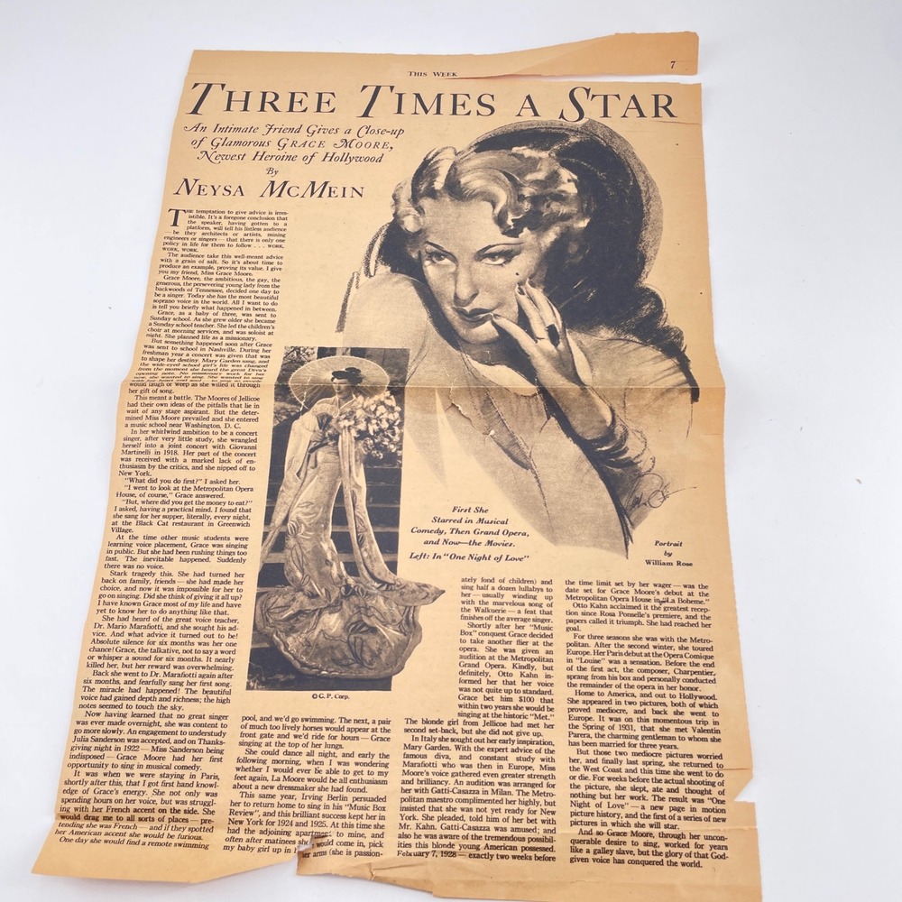 1935 Grace Moore Newspaper Feature Neysa McMein Art William Rose Portrait Print